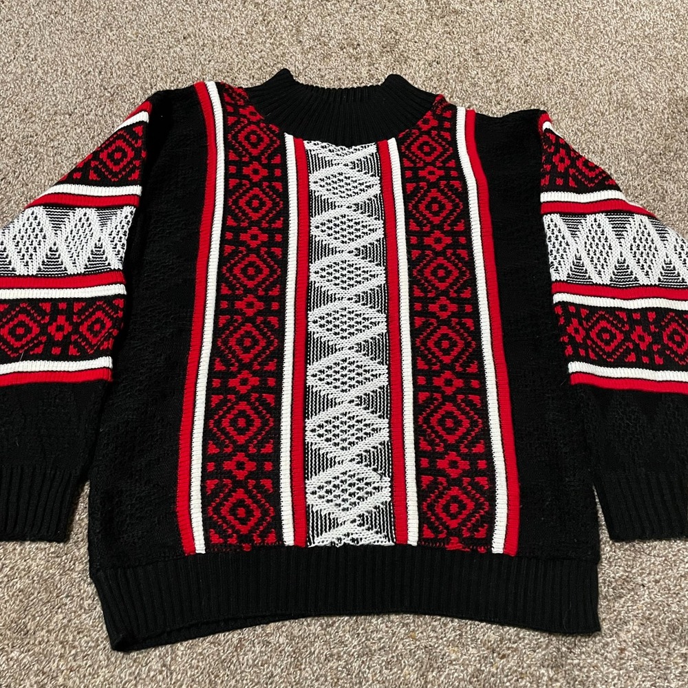 Clifton Place Mens Geometric Pattern Knit Sweater Black Red White Mock Neck Lg